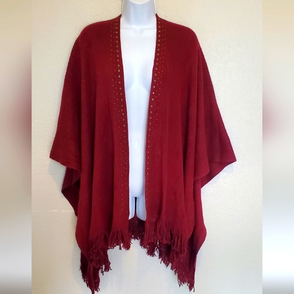 Burgundy Studded & Fringe Open Front Poncho Blanket Cardigan Knit Duster Sweater - Picture 1 of 8
